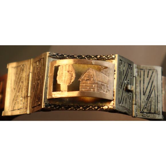 Vintage Silver Shadowbox Bracelet Peru Llama Cactus Boat - Picture 7 of 9